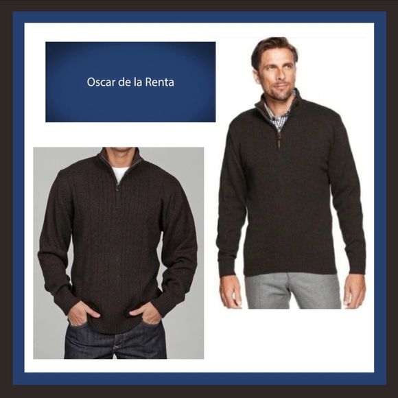 Oscar DeLa Renta 1/4Zip Dark Brown Mock Neck Ribbed Sherpa Lined Neck Sweater XL - Picture 1 of 16